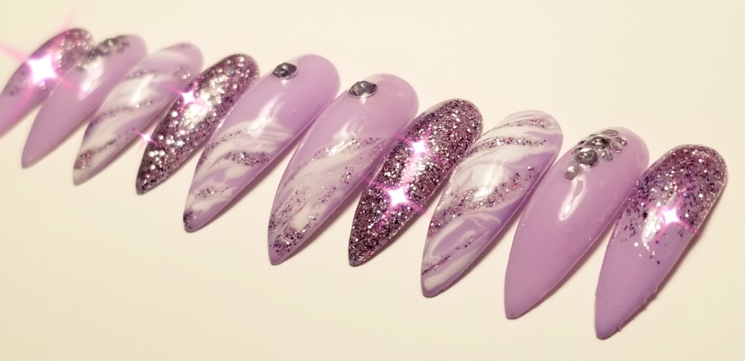 Press on Custom Lavender Sparkle White Marbleized Long Stiletto