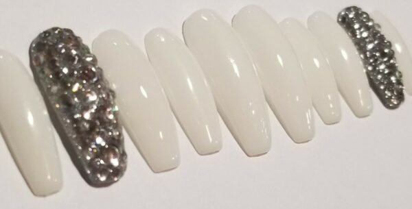 Elegant Funny Bunny White Crystal Bling Long Square Coffin Nails - Image 3