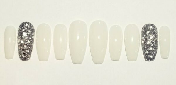 Elegant Funny Bunny White Crystal Bling Long Square Coffin Nails - Image 6