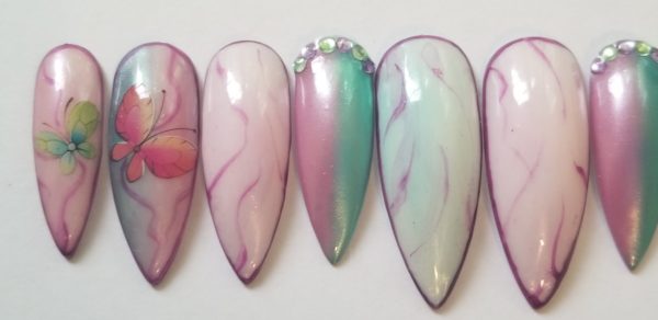 Fade Pink Green Butterfly Nails - Image 6