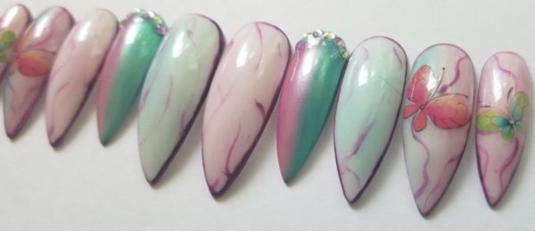 Fade Pink Green Butterfly Nails - Image 13