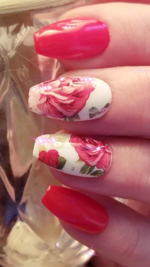 HOT Red Press On Nails With Painted Flowers