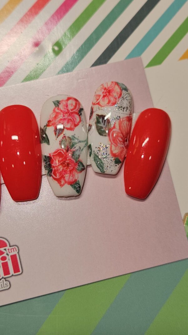 HOT Red Press On Nails With Painted Flowers - Image 3