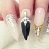 Nude Gel With Black and Bling! Extra Long Stiletto Press On Nails Stones GLITZY! - Image 3