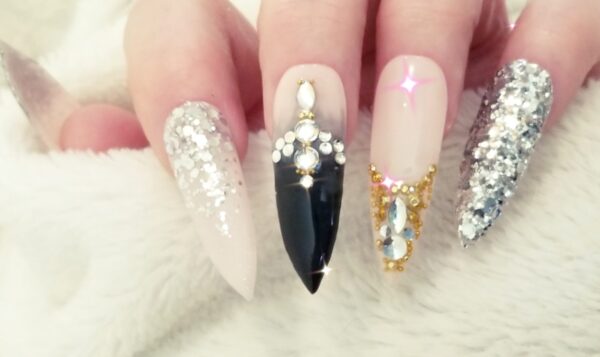 Nude Gel With Black and Bling! Extra Long Stiletto Press On Nails Stones GLITZY! - Image 3