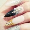 Nude Gel With Black and Bling! Extra Long Stiletto Press On Nails Stones GLITZY!