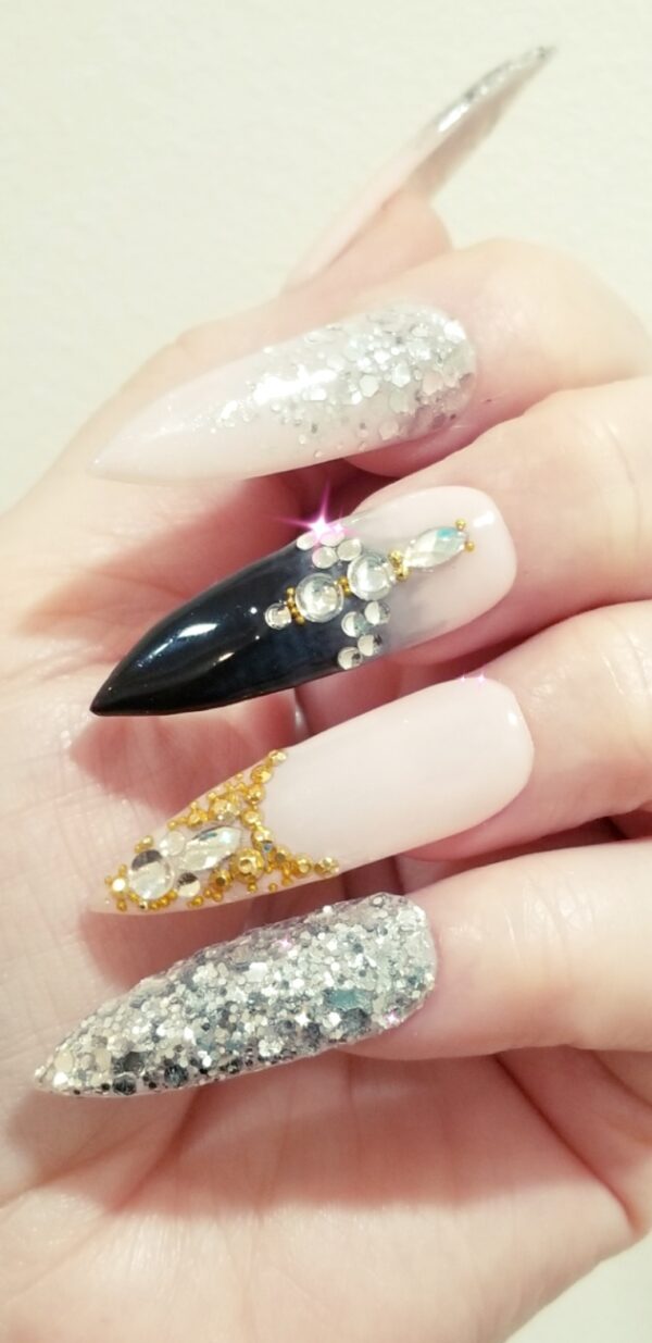 Nude Gel With Black and Bling! Extra Long Stiletto Press On Nails Stones GLITZY!