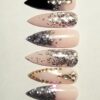 Nude Gel With Black and Bling! Extra Long Stiletto Press On Nails Stones GLITZY! - Image 5
