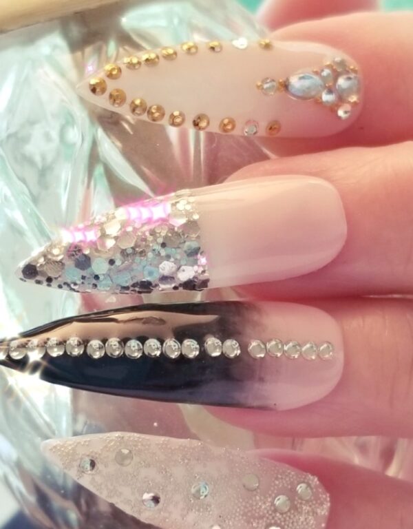 Nude Gel With Black and Bling! Extra Long Stiletto Press On Nails Stones GLITZY! - Image 6