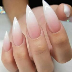 long stiletto press on nails with pink and white ombre fade design