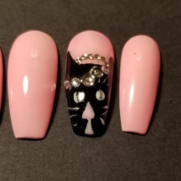 Long Coffin Press-Ons Black Cat Rhinestones