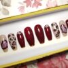 Press On Nails Burgundy Holo Hearts with Rhinestones