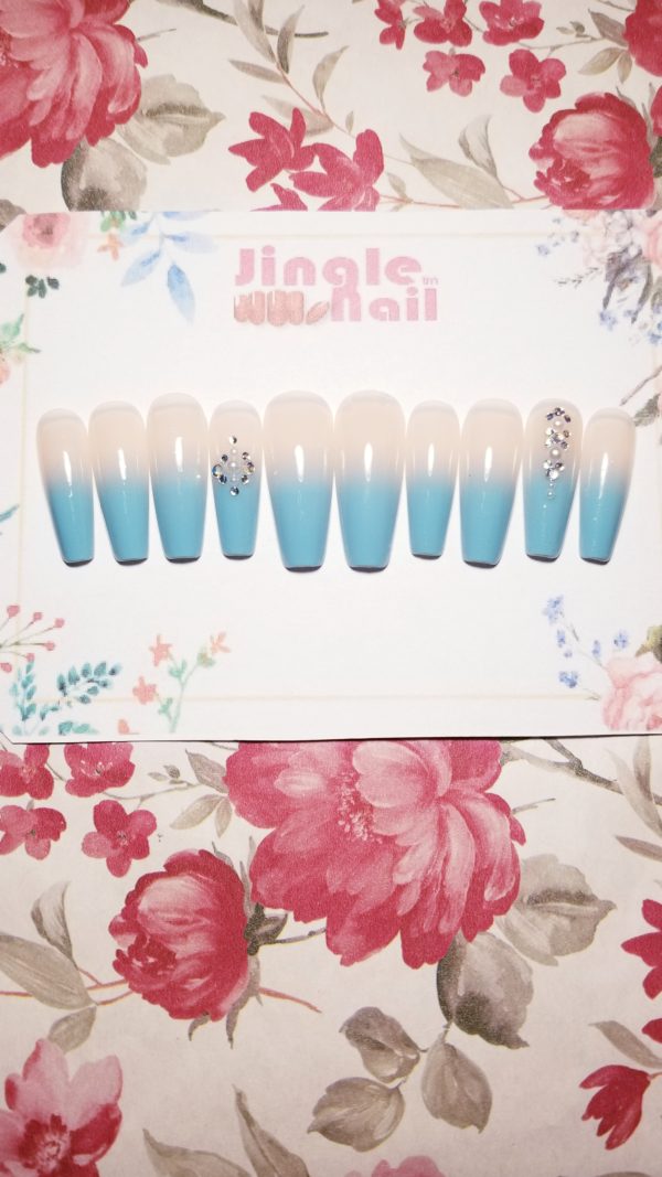 Press on Nails with Blue Fade Ombre Design on Long Coffin Ballerina Nail Tips for Ladies Hands - Image 2