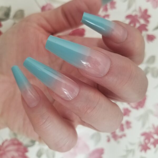 Press on Nails with Blue Fade Ombre Design on Long Coffin Ballerina Nail Tips for Ladies Hands - Image 3