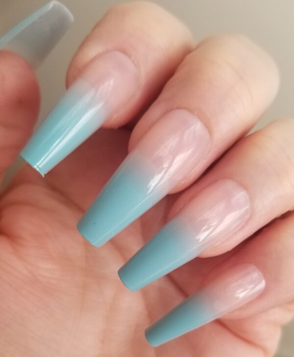 Press on Nails with Blue Fade Ombre Design on Long Coffin Ballerina Nail Tips for Ladies Hands - Image 7