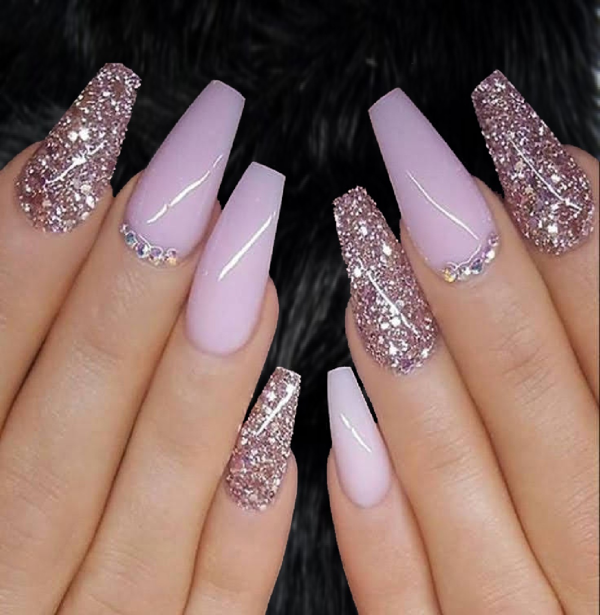 Lavender Press On Nails Skinny Coffin with Sparkle and Rhinestones for