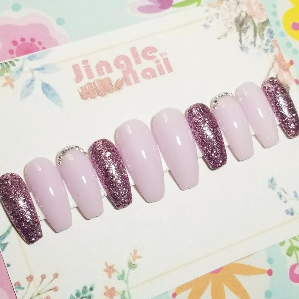 Lavender Press On Nails Skinny Coffin with Sparkle and Rhinestones for ...