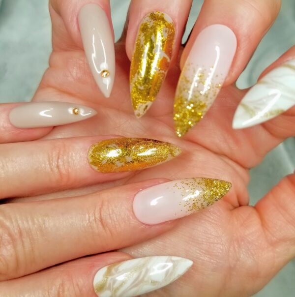 Beige Sparkle Mirror Marbling Press on Nails Long Stiletto Tips - Image 6