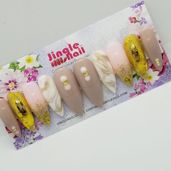 Beige Sparkle Mirror Marbling Press on Nails Long Stiletto Tips - Image 3