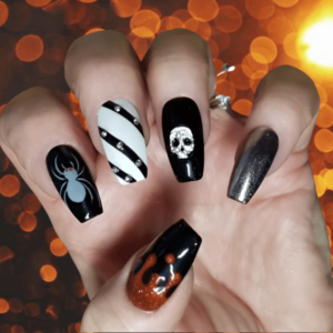 black Halloween skull nail design