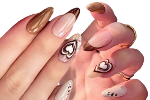 Brown heart french nails