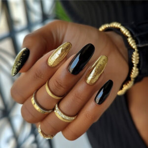 Black and gold almond press-on nails